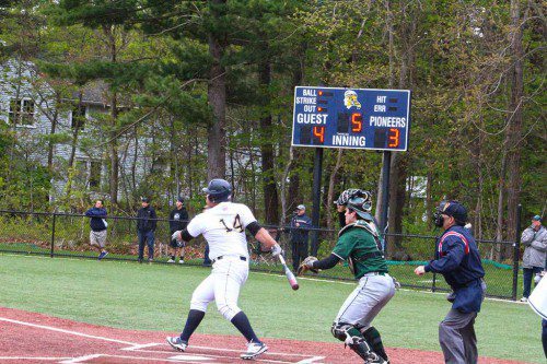 FERNANDO GONZALEZ watches the ball sail into the outfield on his 2RBI double that won the game for the Pioneers in the bottom of fifth. They held on to the 5-4 lead in Saturday's game against Pentucket. (Maureen Doherty Photo)