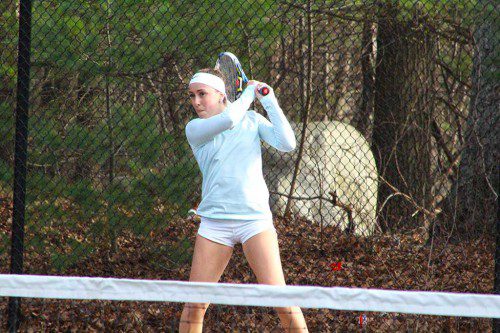 REVENGE was sweet for Sarah Mezini who defeated her M-E opponent, Chanel Bullock, 6-2, 2-6, 7-5 at first singles in a re-match of the 2016 North Sectional final last week. (Maureen Doherty Photo)