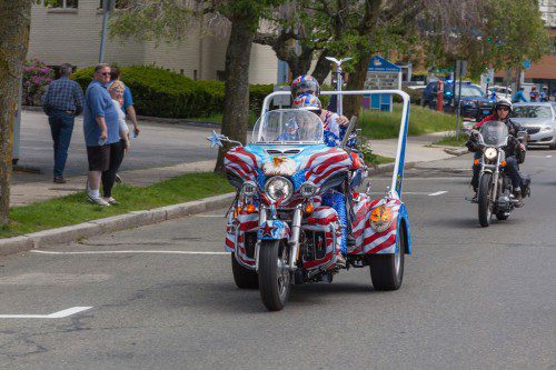THIS TRIKE is decked out for the occasion during yesterday’s Wounded Veterans motorcycle run. The ride from Boston Harley-Davidson in Revere went through Malden, Melrose, Wakefield and Saugus on its way back to a big party at Suffolk Downs in East Boston.  (Jon O’Brien Photo)