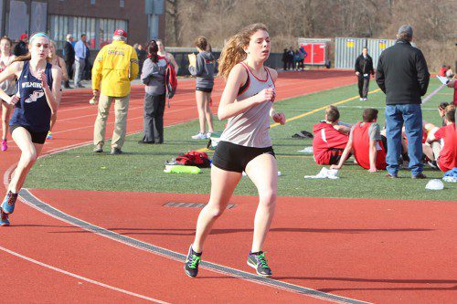ISABELLA KEHOE, a sophomore, finished second in the 800 meter run and was a member of Wakefield’s winning 4x400 relay in its victory over Watertown. (Donna Larsson File Photo)