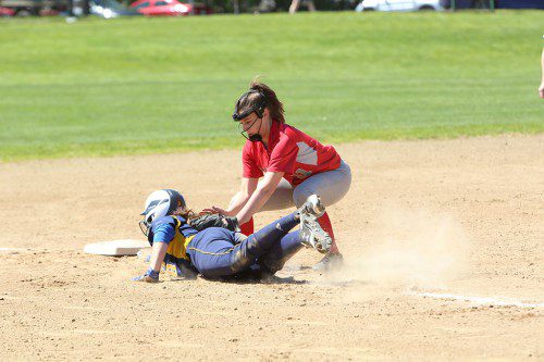 VANESSA KADDARAS, a junior third baseman, puts a tag onto a Lexington runner during Saturday’s 9-4 setback at Vets’ Field. Wakefield did rebound with an 18-6 victory over Northeast yesterday at Vets’ Field. Kaddaras had three hits and scored four runs in the one-sided game. (Donna Larsson Photo)