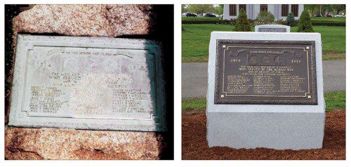 LAST FALL, the World War memorial plaque on the Veterans Memorial Common was removed from the old boulder it had been mounted to for many decades. Recently, it was restored like new and mounted on a piece of Barre, Vermont granite similar to the World War II monument. The granite was provided to the town at cost by Woodlawn Memorials and Woodlawn donated their services in restoring the old bronze and mounting it on the new granite. The newly restored memorial will be rededicated on Memorial Day. In 2015, David DeFilippo and Woodlawn Memorials donated the Wakefield Women’s Veterans monument, also located on the Veterans Memorial Common.