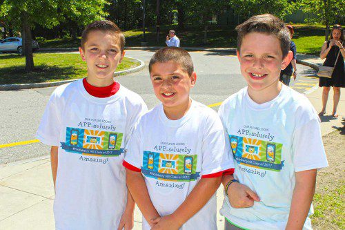 GOOD FRIENDS, from left, Gavin DeLuties, Ty Goldberg and Spencer D’Augusta were smiling from ear-to-ear following Huckleberry Hill School’s Moving On ceremony June 9. (Dan Tomasello Photo)