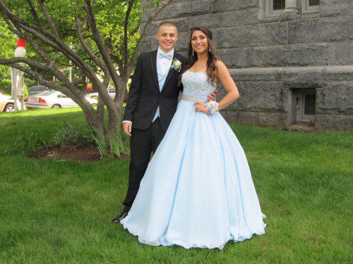 WAKEFIELD MEMORIAL HIGH'S GRADUATING SENIOR Allie McGuire rocked a pale blue, full-skirted ball gown for the senior prom. She is shown with her date Anthony Spagnuolo. Both are members also of WMHS’s Class of 2017. (Gail Lowe Photo)