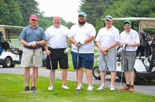 (L-R) Brian T.F. Lee, Kevin Brennan, Chris Jennings, Pat Lee, Brian Lee at the 32nd annual Horseshoe Grille Golf Tournament, which raised over $25,000 for the Jimmy Fund and the Burbank YMCA in Reading. (Courtesy Photo)