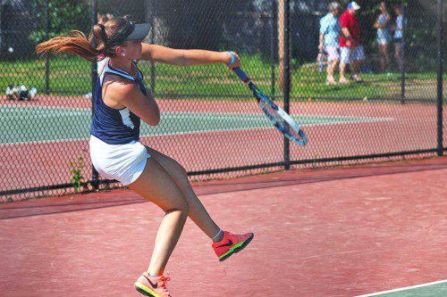 CAPE ANN LEAGUE Player of the Year Sarah Mezini lost her first singles match in straight sets, 4-6, 1-6, during the girls’ tennis team’s 5-0 loss to Martha’s Vineyard in the Division 3 North state semifinals June 12. (Dan Pawlowski Photo) 