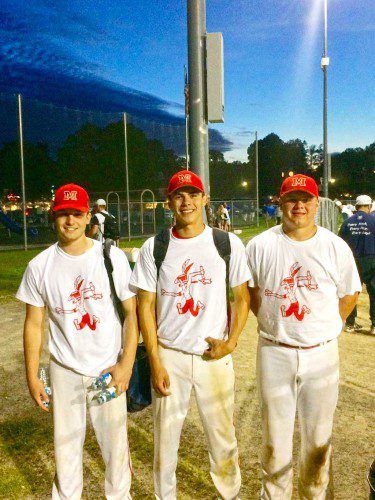 JOHN CASPARRIELLO, NICK CORDEAU and CHARLIE STANTON represented Melrose High School and the Freedom division at the Middlesex League baseball All-Star game. The Freedom team beat the Liberty team, 3-1. From left to right, Casparriello, Cordeau and Stanton. 