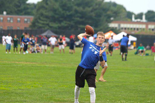 SENIOR Matt Mortellite fires a pass in the Under Armour 7v7 Northeast Challenge Tournament held on Saturday Bishop Fenwick High School. He tossed 14 TDs in four games. (Kerrianne Allain Photo)