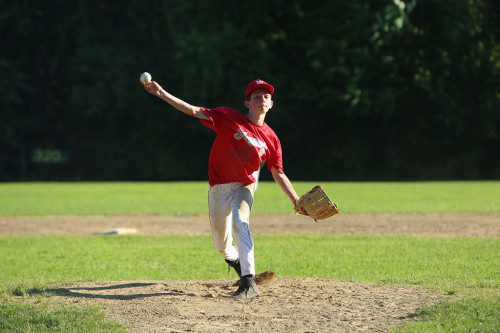 THE WAKEFIELD TOWNIES 14 year-old team is competing in the Lou Tompkins All-Star Baseball League. The Townies are currently 7-6. Pitcher Chris Power (above) played well in the Townies’ 20-8 victory over Stoneham on Wednesday at Sullivan Park. (Donna Larsson Photos)