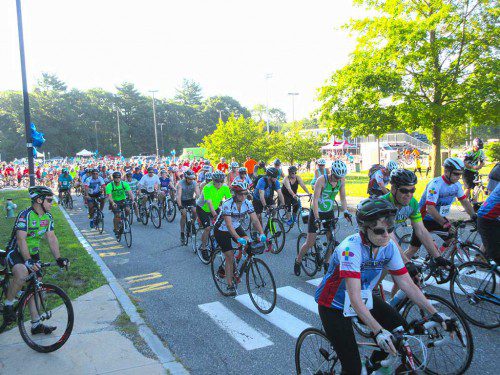 MORE than 420 riders depart Lynnfield High School during the 13th annual Reid’s Ride bike-a-thon on Sunday. The event raised more than $220,000 to fight the cancers striking adolescents and young adults. (Courtesy Photo)