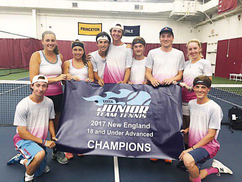 SARAH MEZINI, a Lynnfield native and recent graduate of LHS, helped the North Shore Legends win the USTA Junior team tennis championship. Mezini will play tennis at UMass Amherst. Pictured front row left to right: Alexander Fizz and Connor Aulson; back row left to right: Allison Falvey, Sarah Mezini, Nilos Makino, Nicholas Silacci, Grant Pertile, Andrew Imrie and Sonya Khudyakov