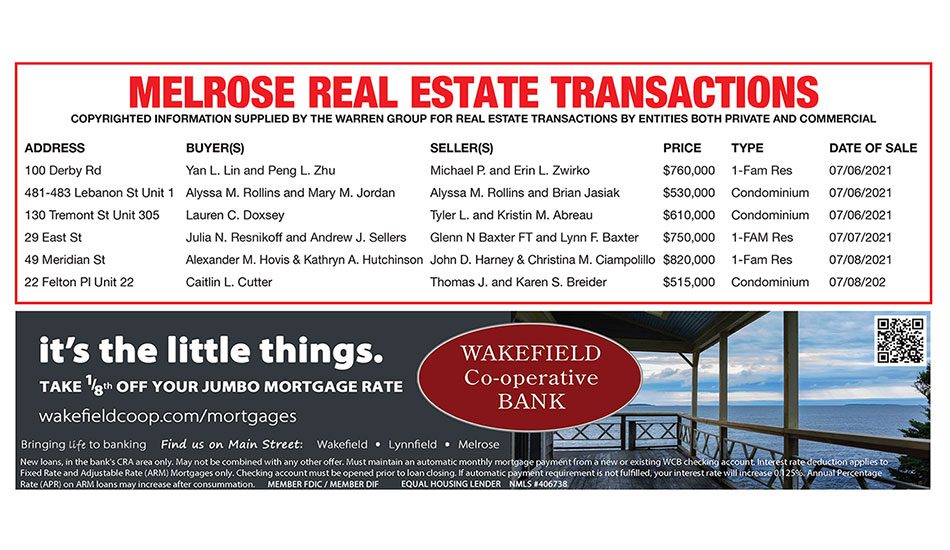 Melrose Real Estate Transactions published July 30, 2021