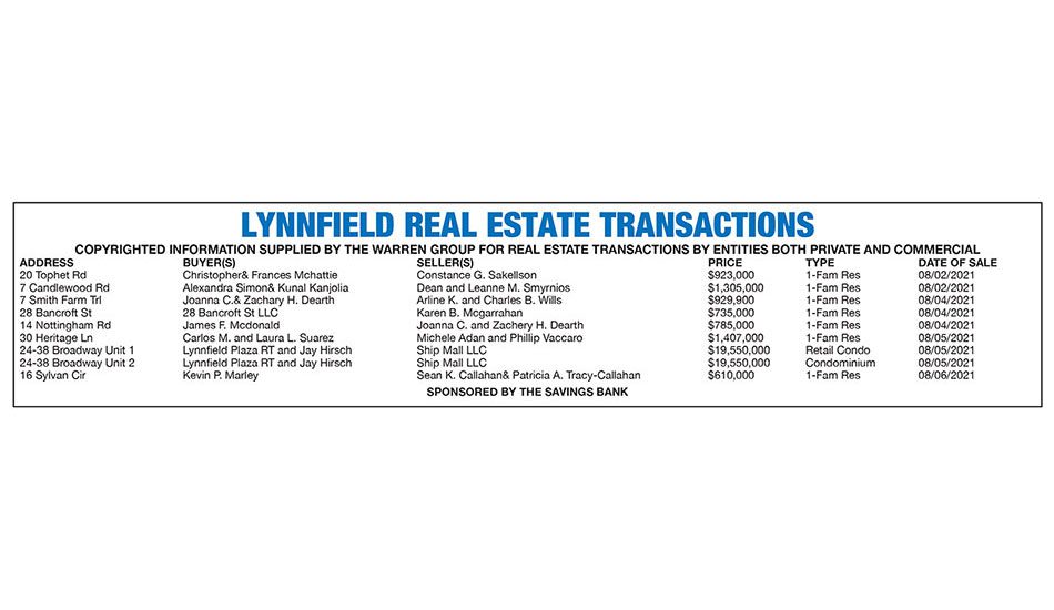 Lynnfield Real Estate Transactions published August 25, 2021