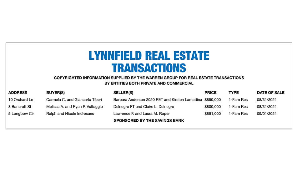Lynnfield Real Estate Transactions published September 22, 2021