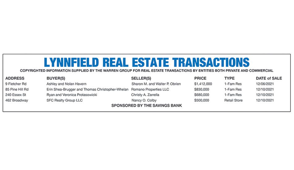Lynnfield Real Estate Transactions published December 29, 2021