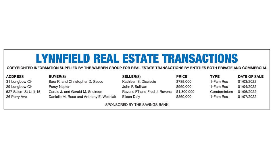Lynnfield Real Estate Transactions published January 26, 2022