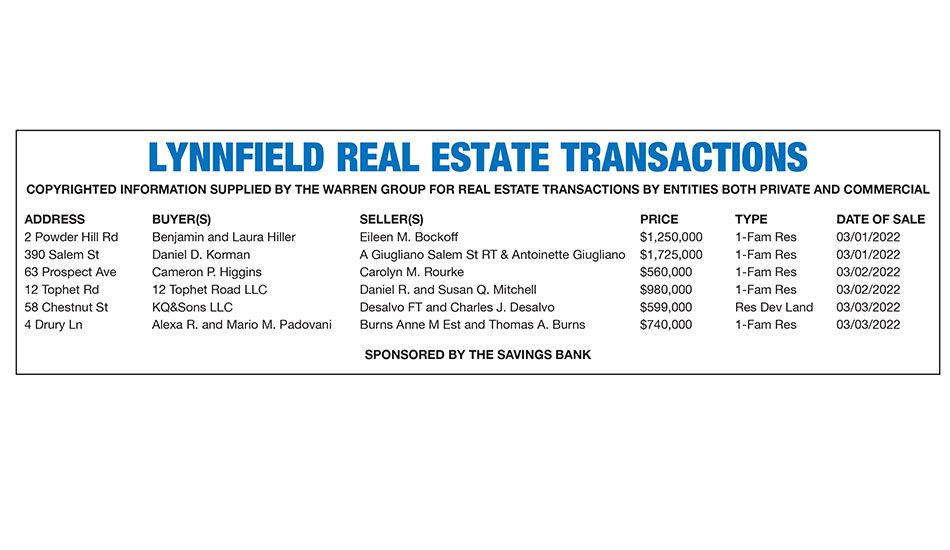 Lynnfield Real Estate Transactions published March 30, 2022